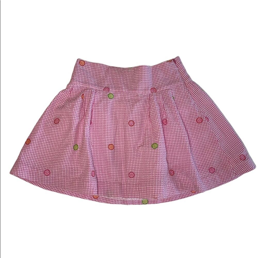 Lilly Pulitzer Gingham Hibiscus Pink Citrus Embroidered Fruit Pleated Sk…